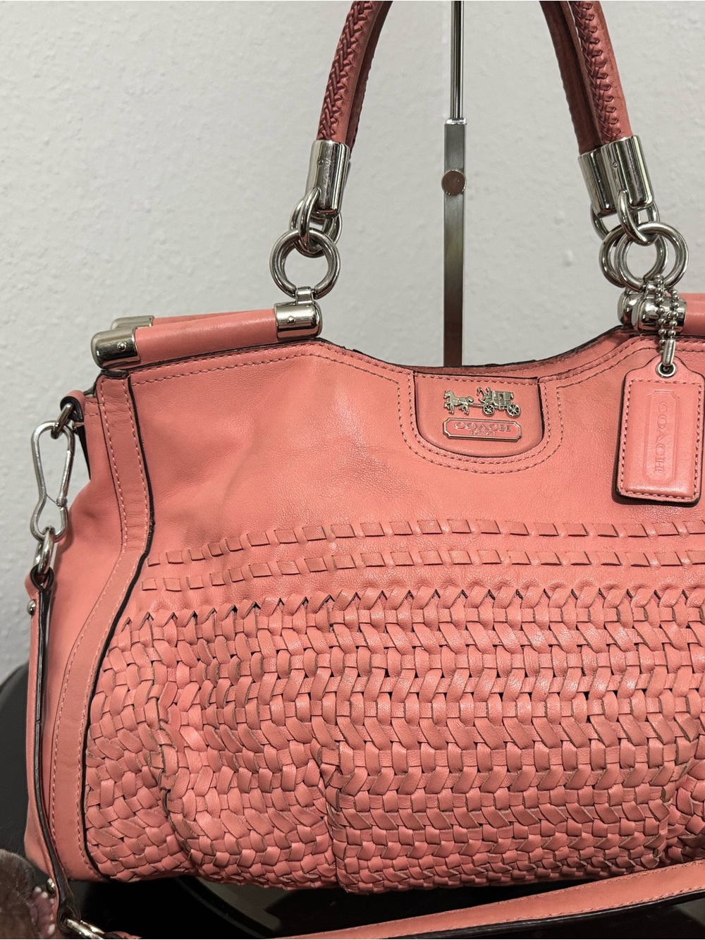 Coach Madison(Maggie) woven Leather Tote/Satchel - Coral Pink - Picture 2 of 16